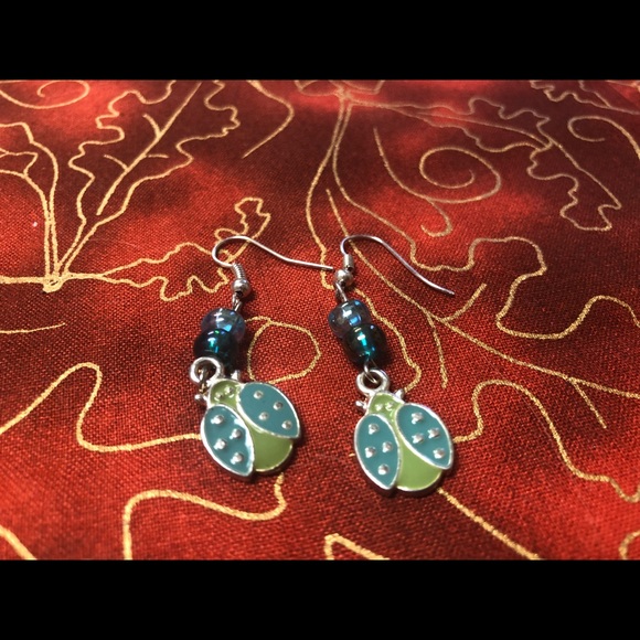 Ladybug earrings blue and green new handmade - Picture 2 of 2